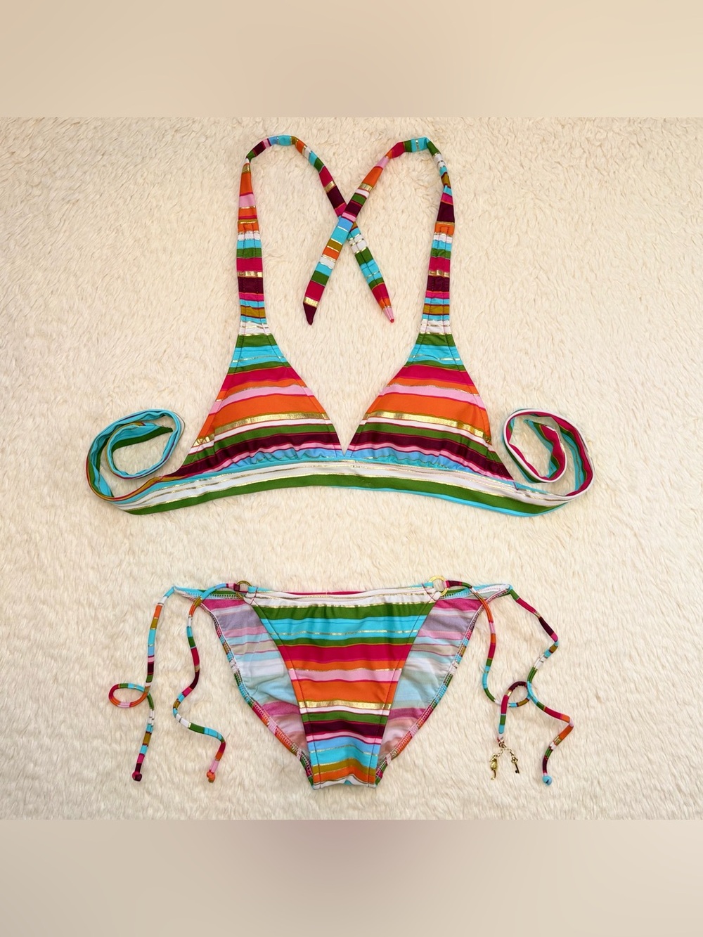 Y2K VTG Radio Fiji Striped String Bikini Metallic Gold Charm Coconut Girl M